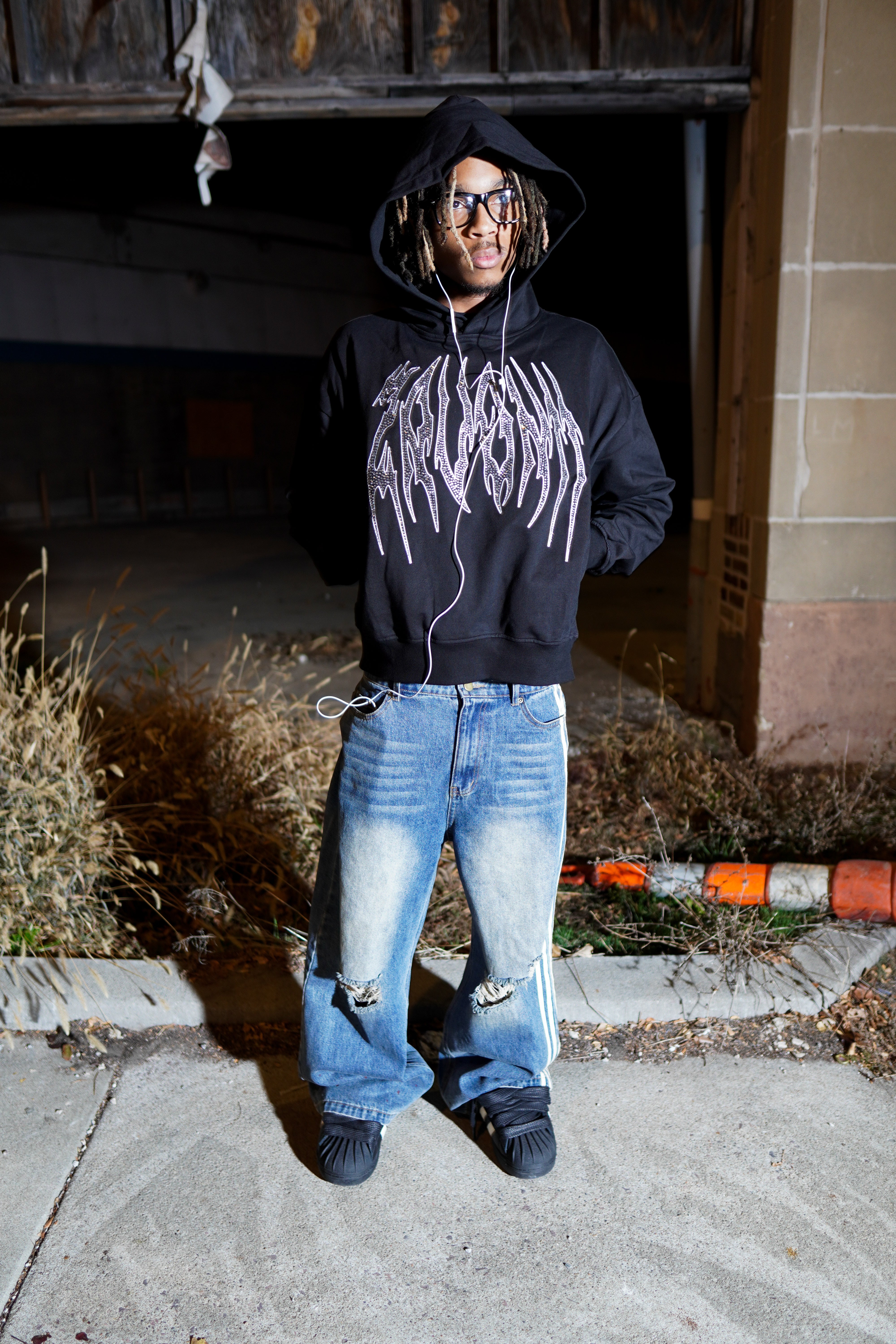 BLACK JAGGED RHINESTONE HOODIE